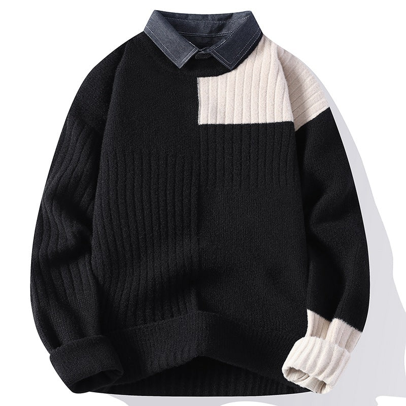 Men’s Patchwork Knit Long Sleeve Sweater with Collar