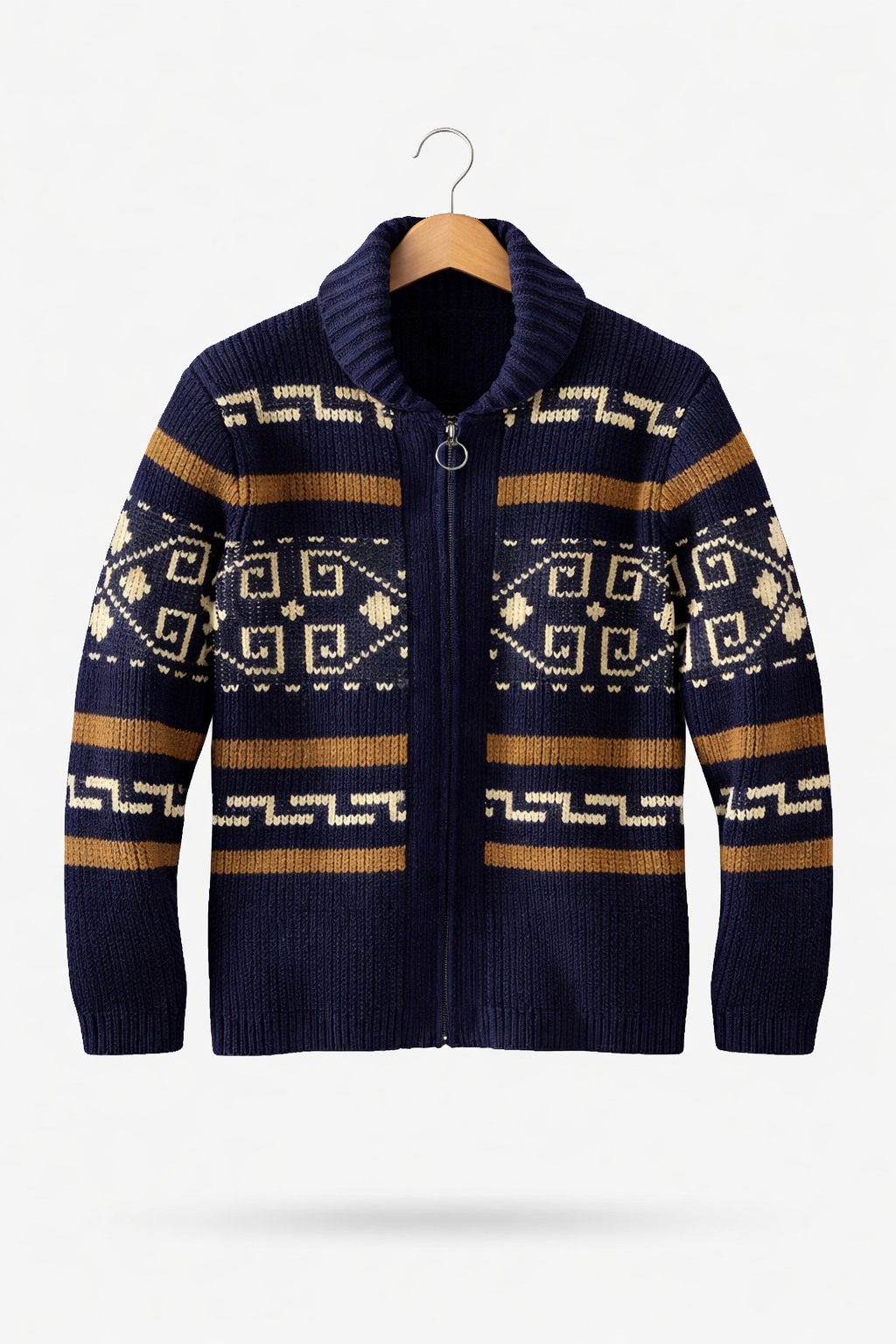 Men’s Pattern Knit Zip Cardigan Sweater with Textured Yarn Design