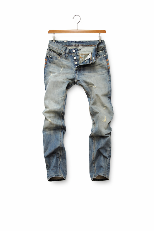 Versleten rechte denim jeans met knoopsluiting en aged look