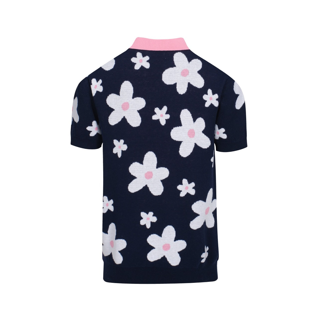 Men’s Navy Knit Short Sleeve Polo Shirt With Floral Pattern And Contrast Pink Collar