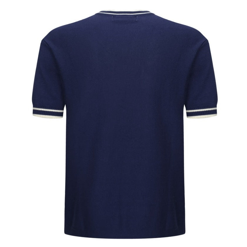 Men’s Navy Knitted Short Sleeve Shirt With Vertical Contrast Stripe