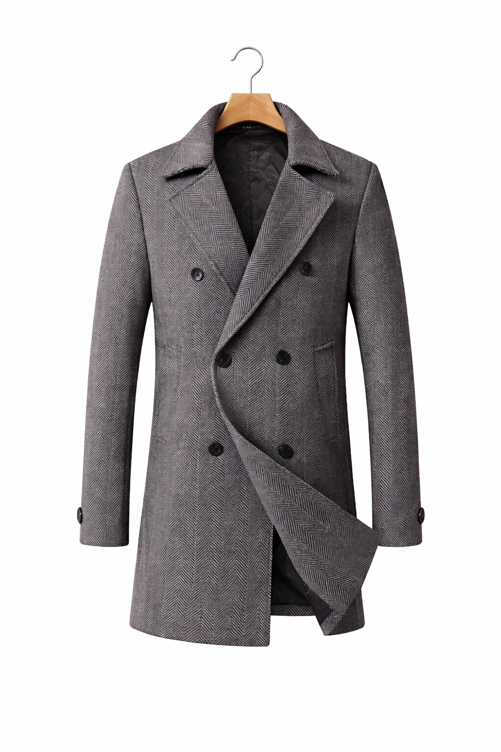 Men’s Wool Herringbone City Coat with Notched Collar