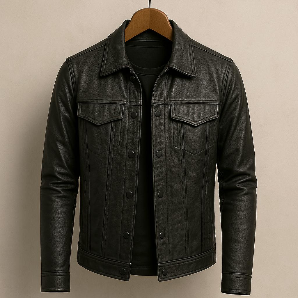 Men’s Black Coated Textile Button Front Jacket with Structured Panel Detailing