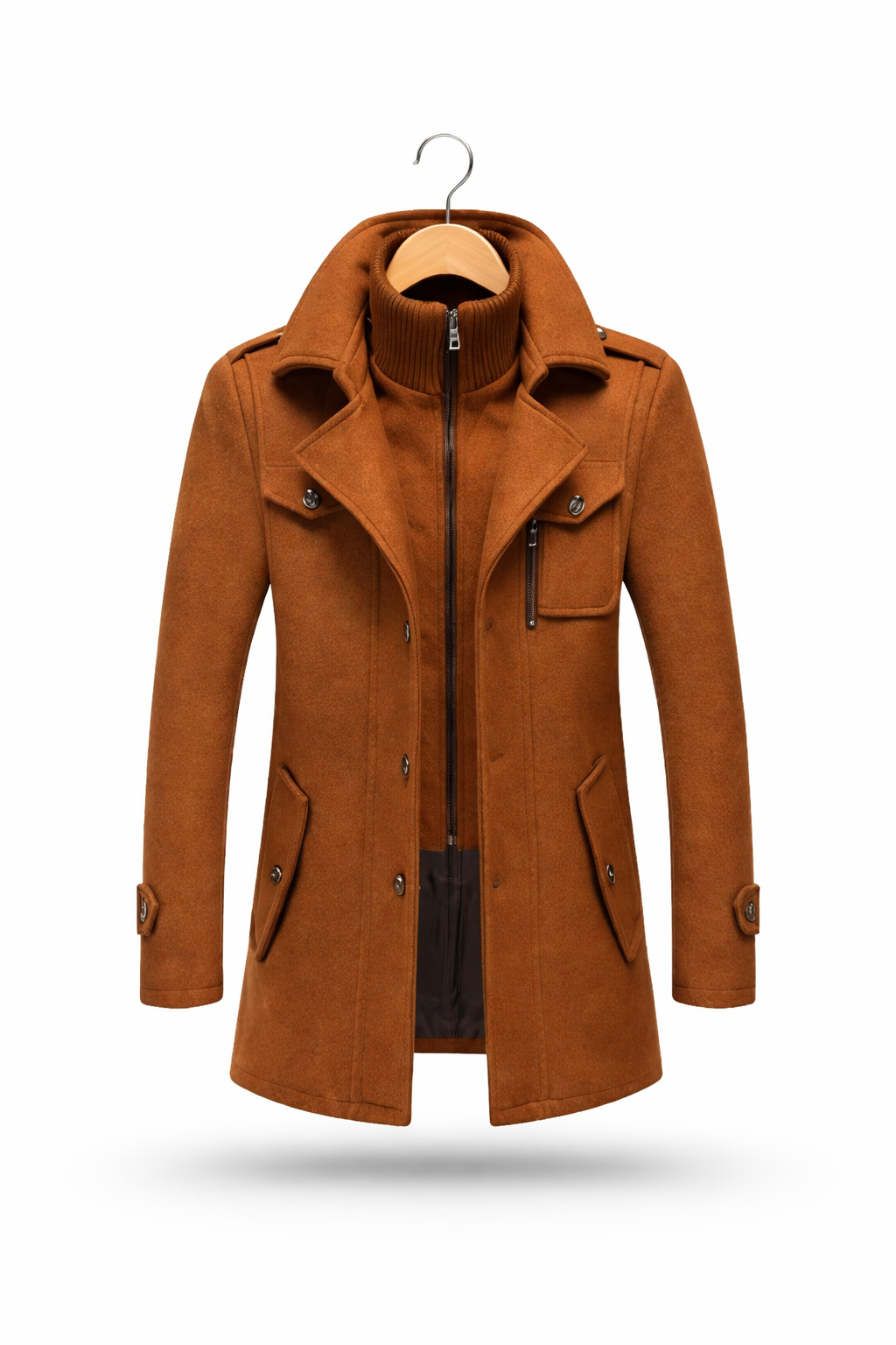 Men’s Wool Zip-Front Stand Collar City Jacket with Layered Inner Panel