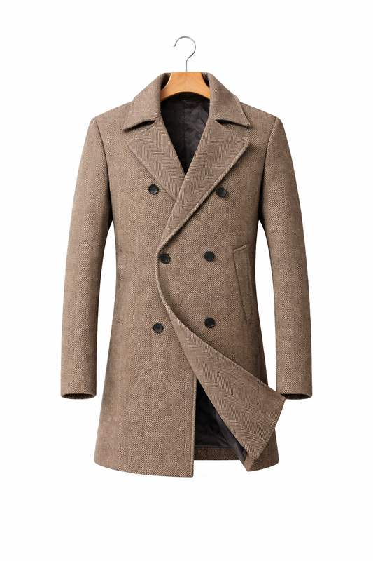 Men’s Wool Herringbone City Coat with Notched Collar