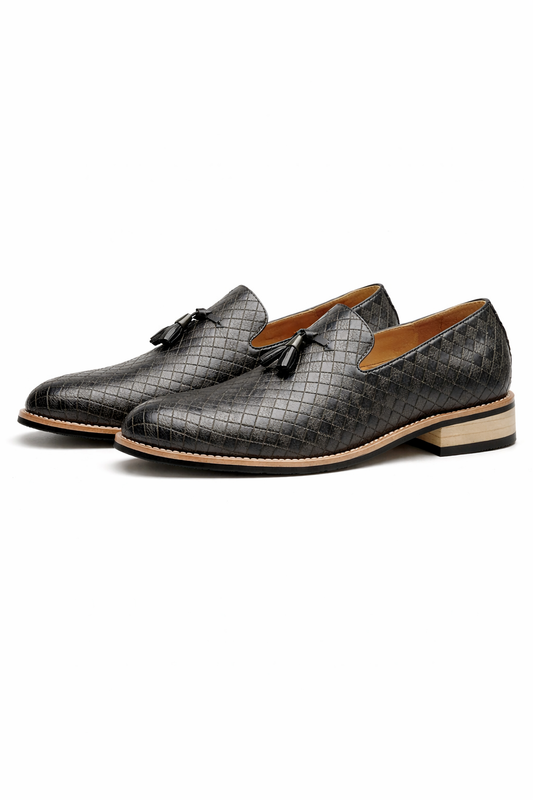 Woven Grid Tassel Slip-On Loafers