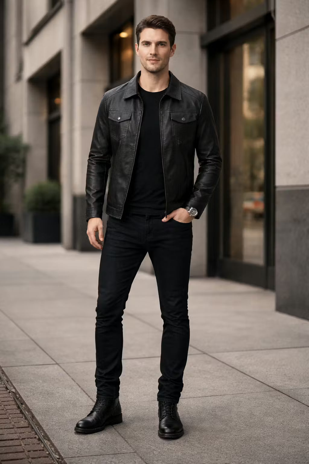Men’s Black Coated Textile Zip Jacket with Structured Panel