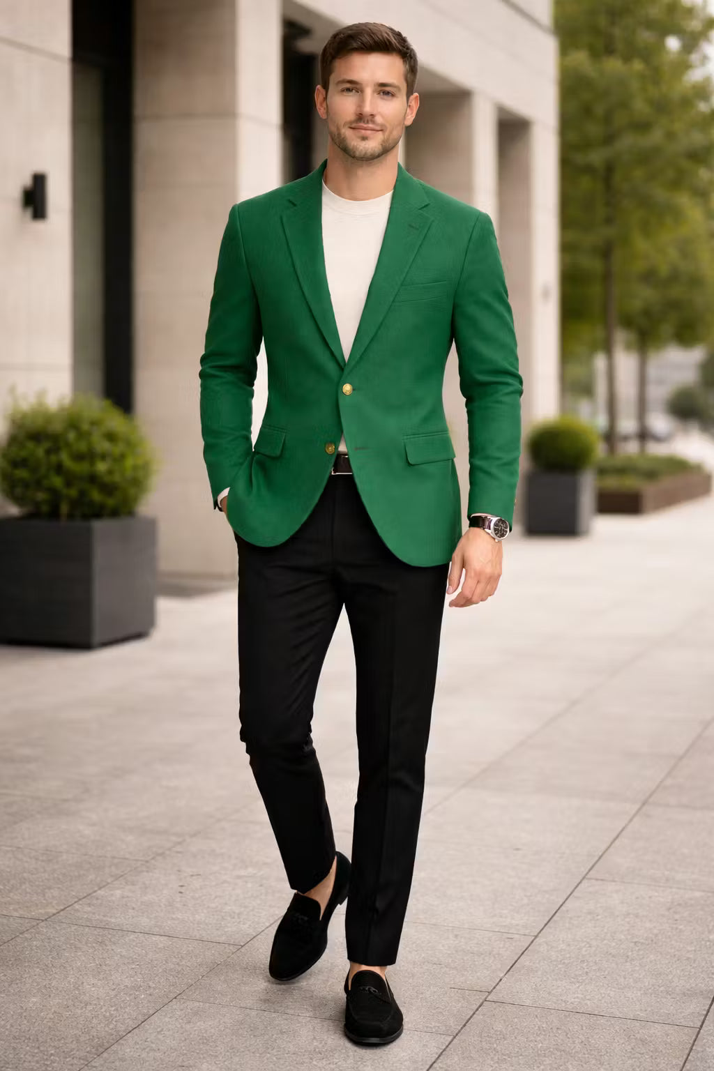 Men’s Green Blazer Jacket With Button Front Notched Collar