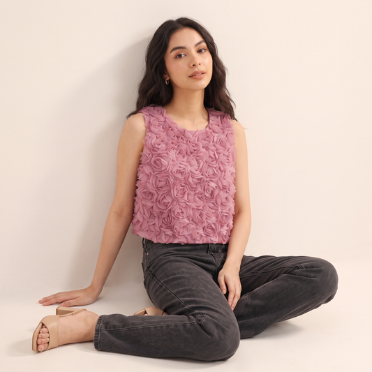 Roselle chiffontop met 3D-bloemen