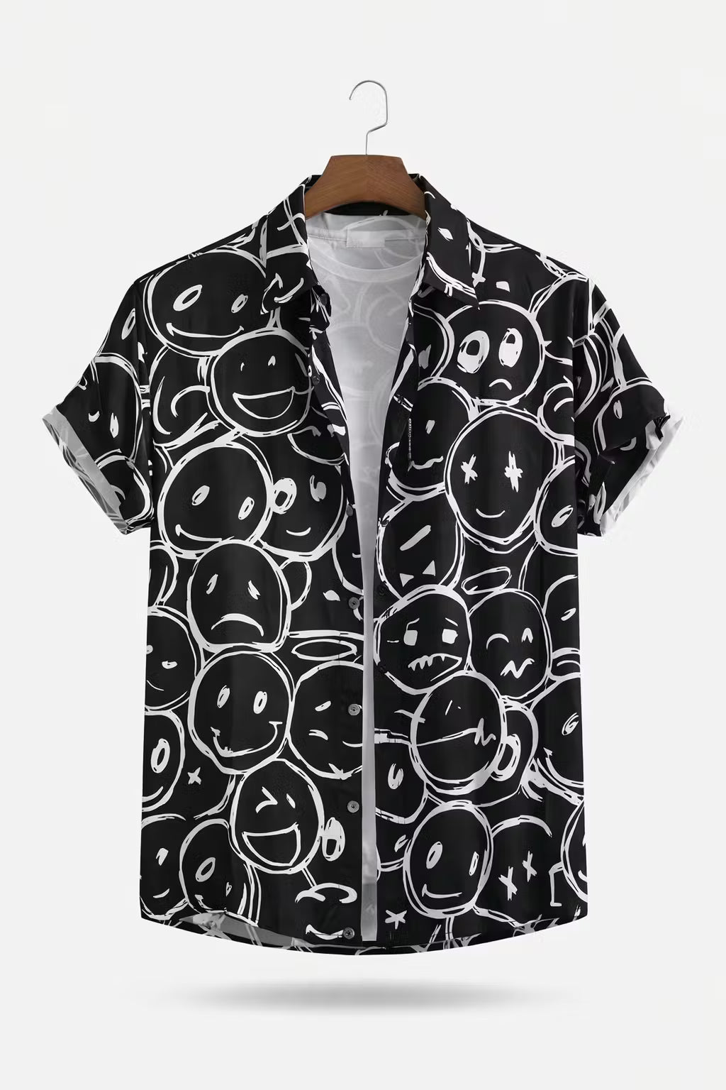 Graphic Smiley Print Short Sleeve Button Shirt