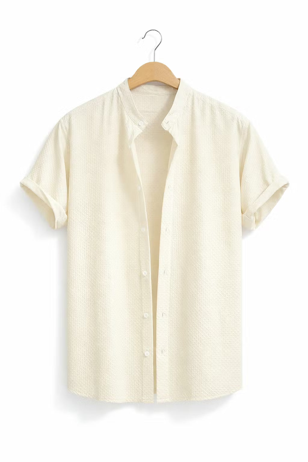 Textured Waffle Stand Collar Short Sleeve Shirt