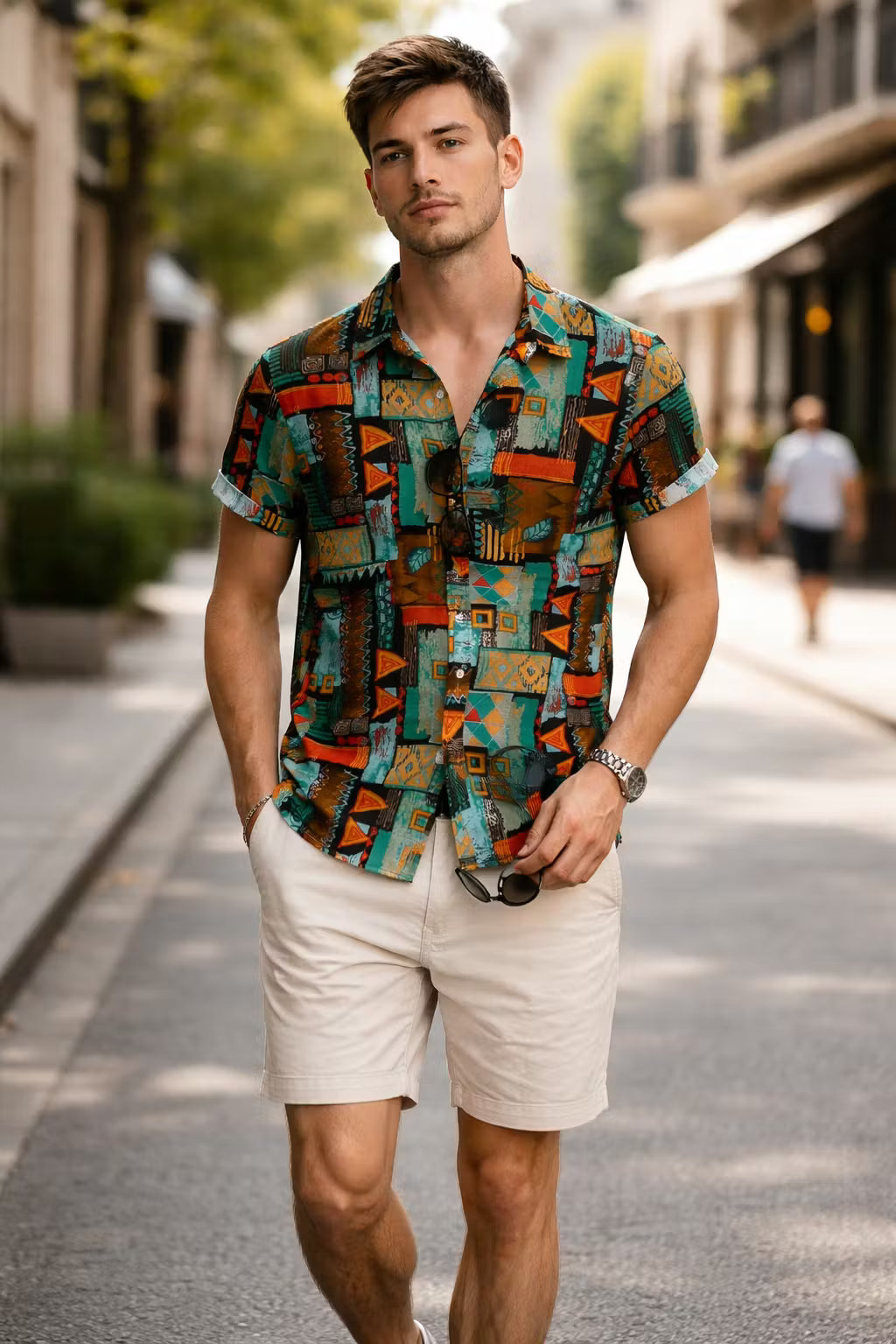 Geometric Tribal Print Short Sleeve Button Shirt