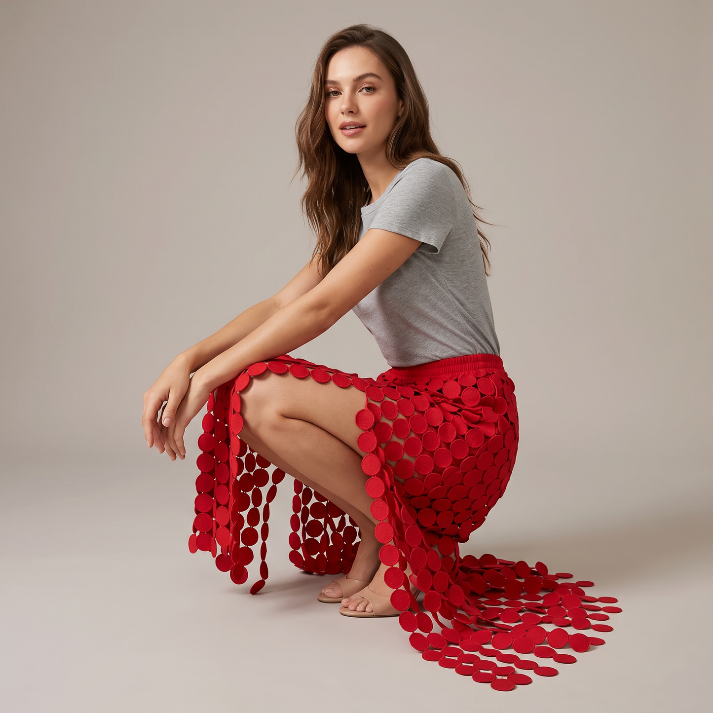 Celeste midi-rok met schijfvormige franjes