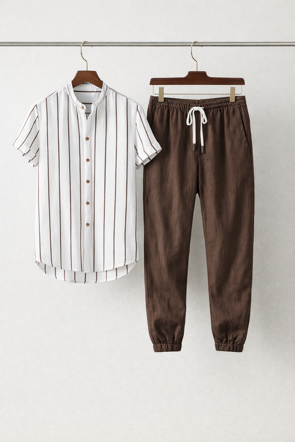Vertical Stripe Stand Collar Short Sleeve Shirt - Set Option
