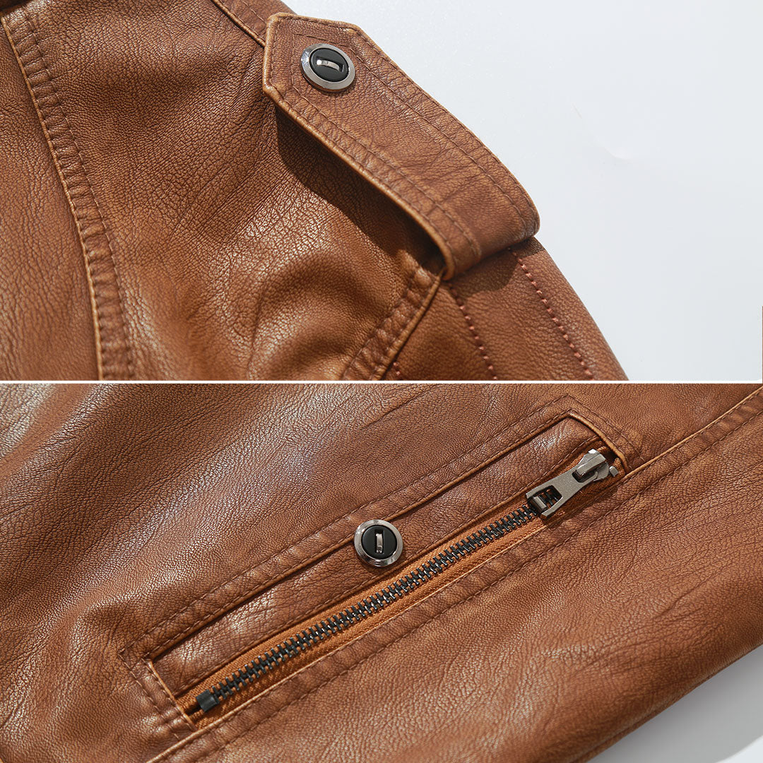 Men’s Brown Coated Textile Field Zip Jacket with Multi Pocket Design