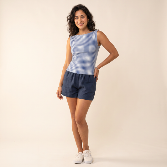 Mina gingham top met striksluiting