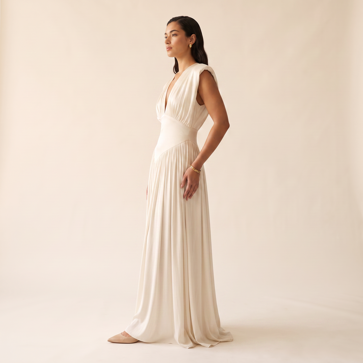 Ivory maxi-jurk met drapering en split