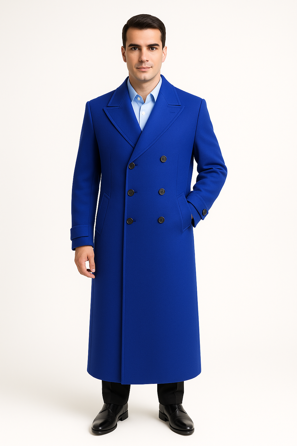Men’s Navy Long Length Coat With Button Front Notched Collar