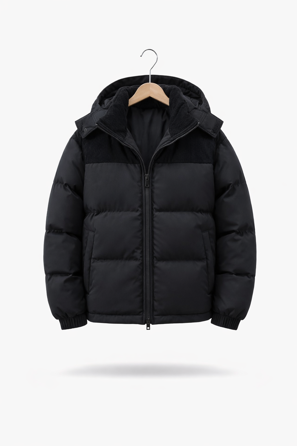 Corduroy Panel Cotton Filled Hooded Puffer Jacket