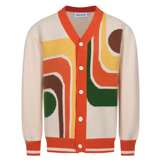 Men’s Cream Knit Button Front Cardigan With Graphic Pattern