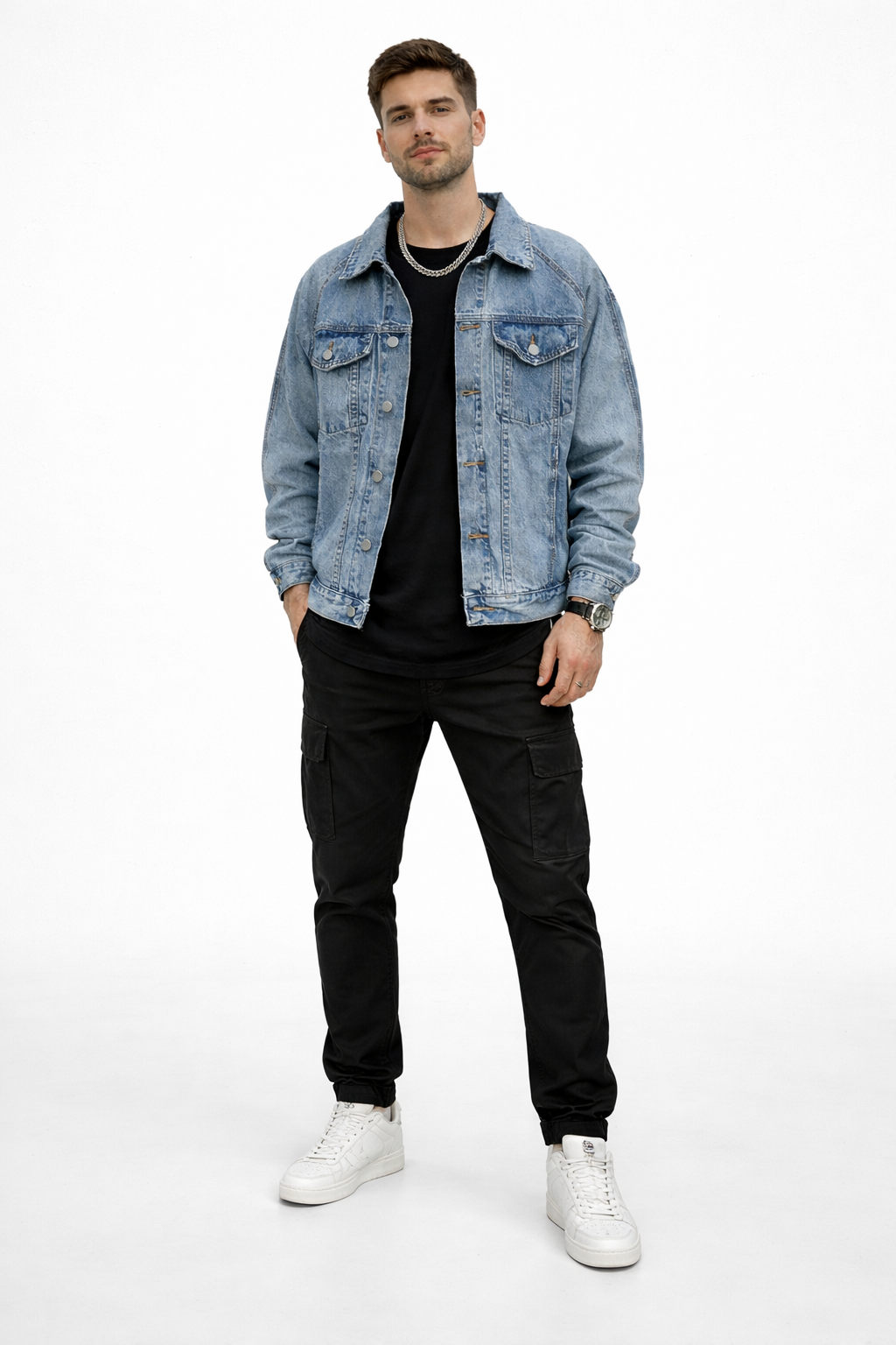 Men’s Button Front Blue Denim Jacket for Street Wear