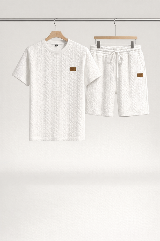 Cable Knit Textured T-Shirt and Drawstring Shorts Set