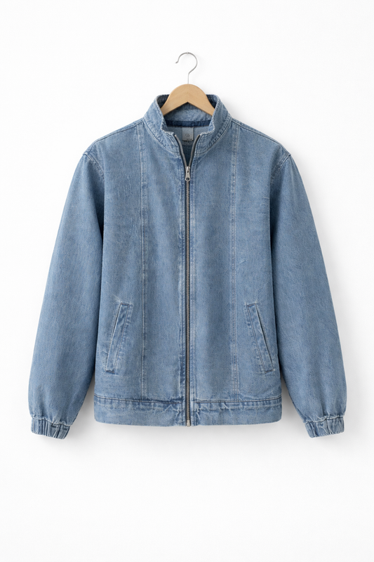Men’s Zip Front Stand Collar Denim Jacket for Street Wear