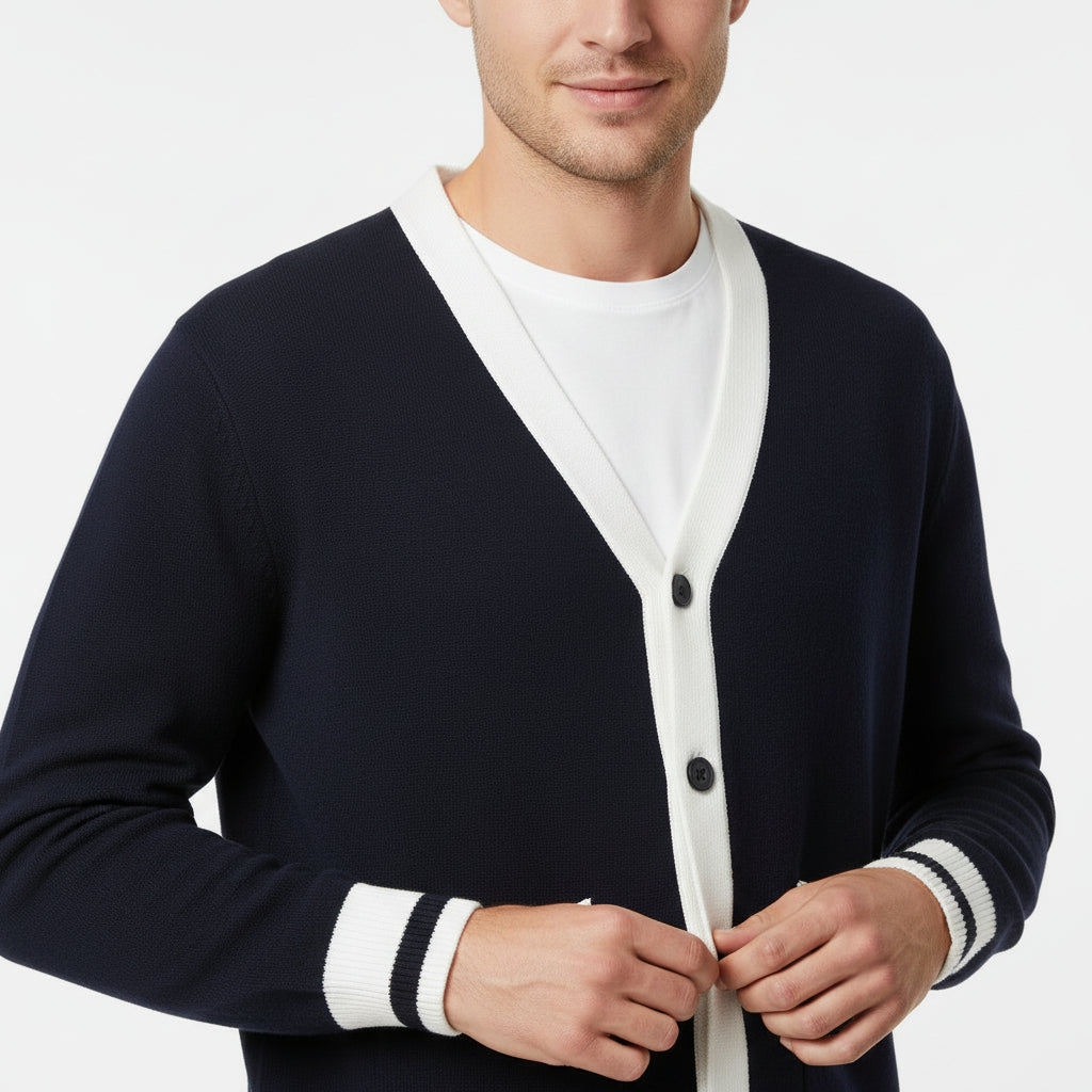 Retro Knit Contrast Cardigan – Button Front Sweater