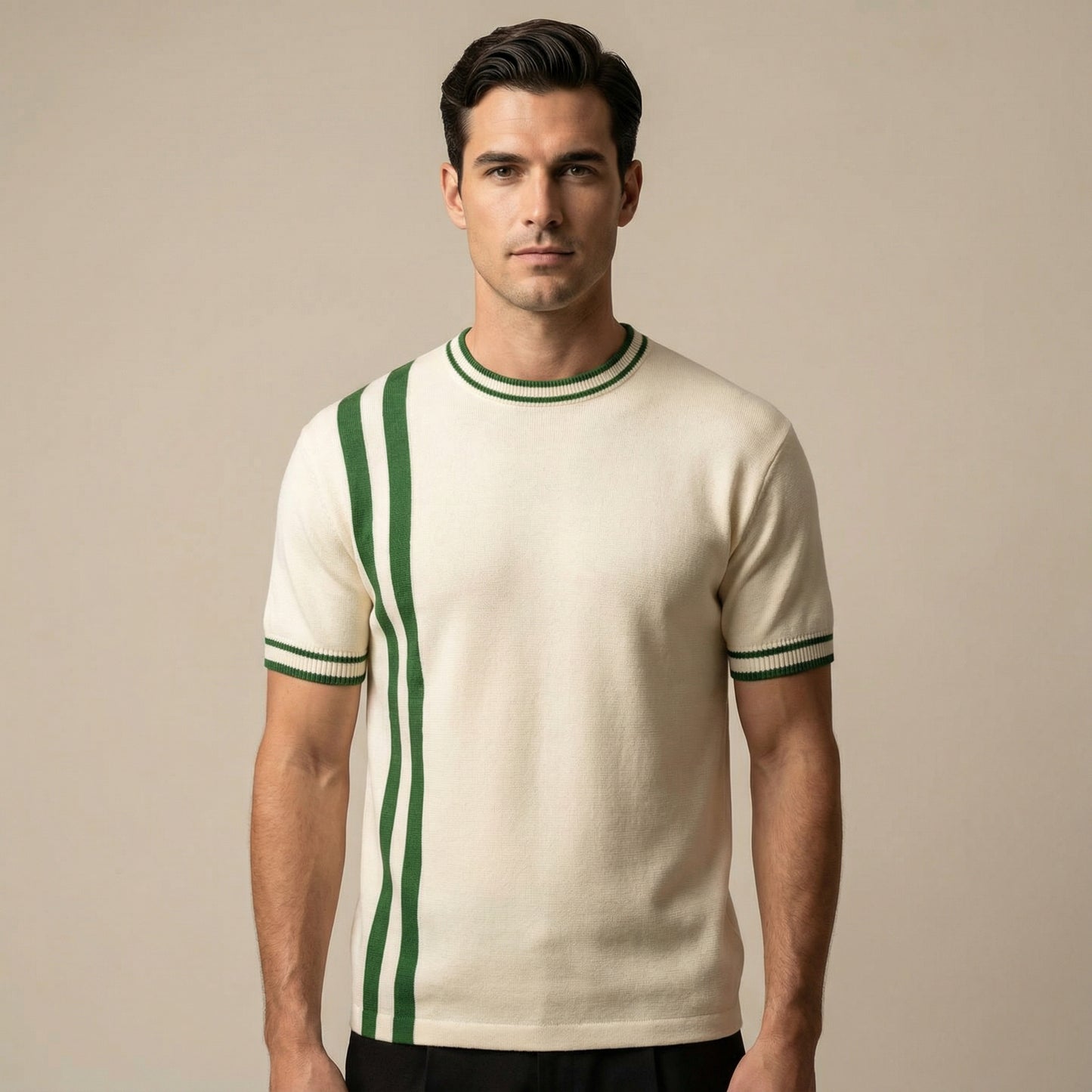Men’s Cream Knitted Short Sleeve Shirt With Contrast Stripe Detail