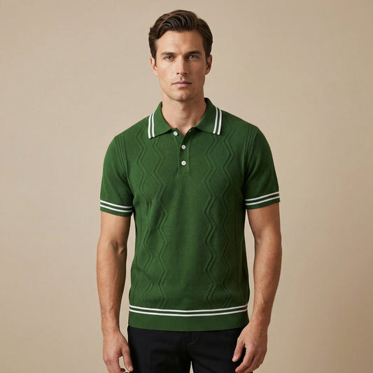 Men’s Green Knitted Polo Shirt With Button Placket Ribbed Collar
