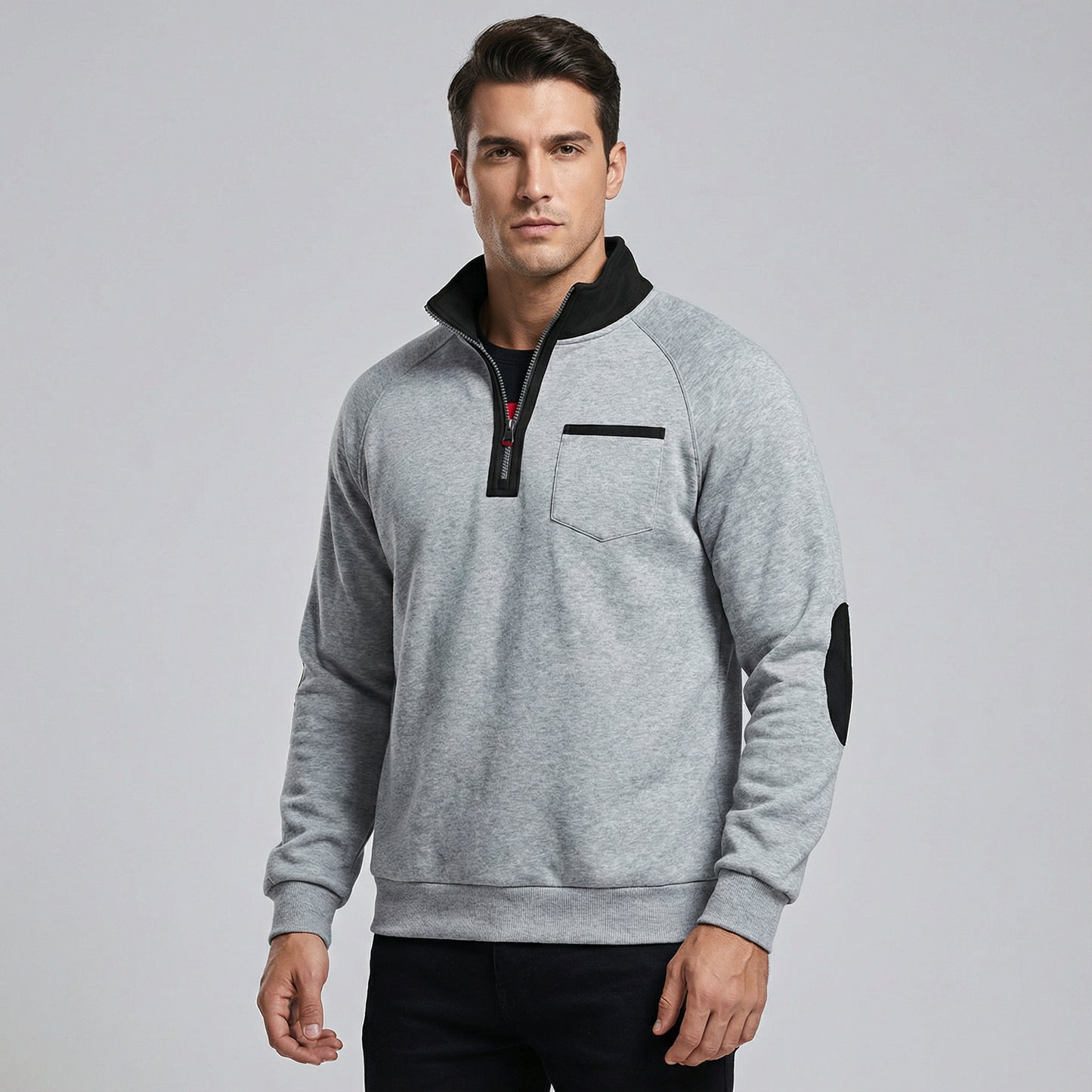 Men’s Quarter Zip Long Sleeve Pullover with Patched Elbows