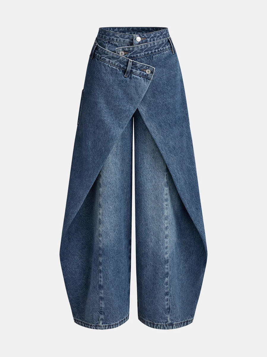 Retro High-waisted Cross-over Metal Buckle Irregular Wide-leg Pants