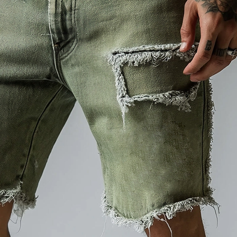 Men’s Denim Shorts With Straight Fit Worn Texture And Frayed Hem