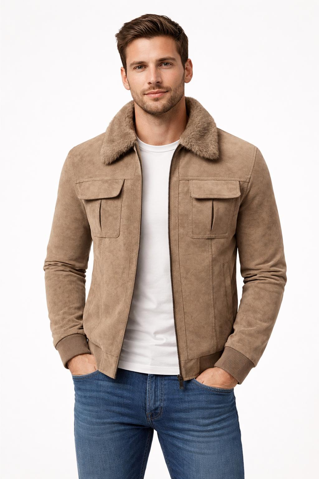Men’s Structured Zip Front Jacket with Textured Outer Shell Faux Fur Style