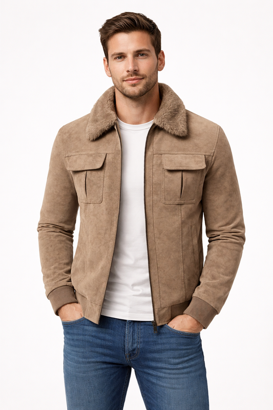 Men’s Structured Zip Front Jacket with Textured Outer Shell Faux Fur Style