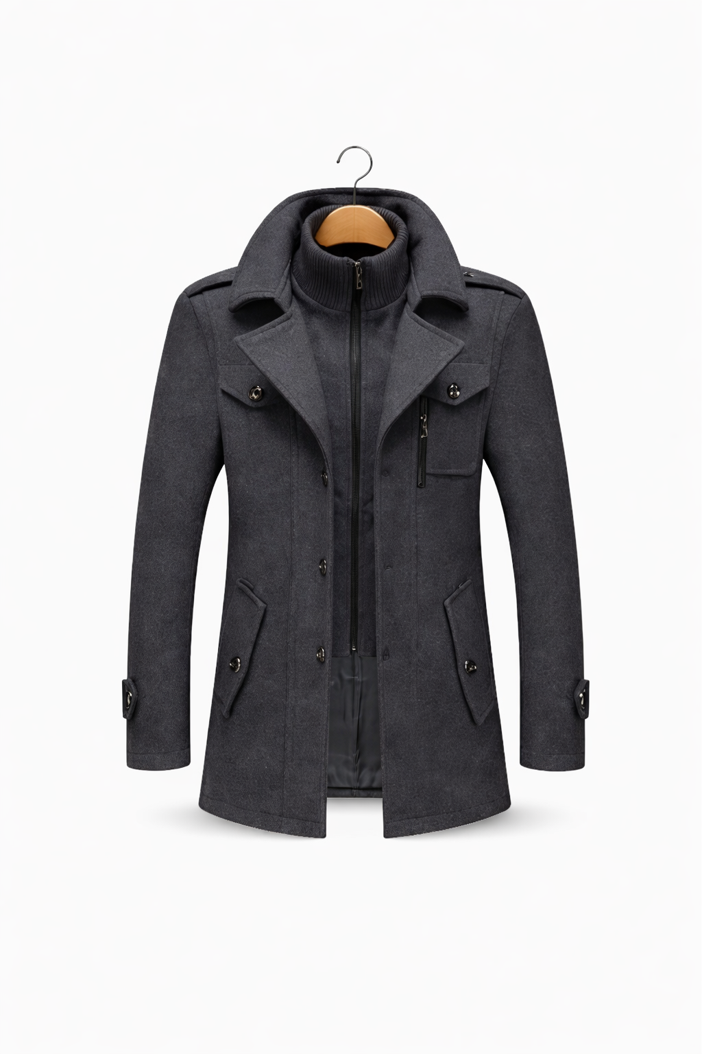 Men’s Wool Zip-Front Stand Collar City Jacket with Layered Inner Panel