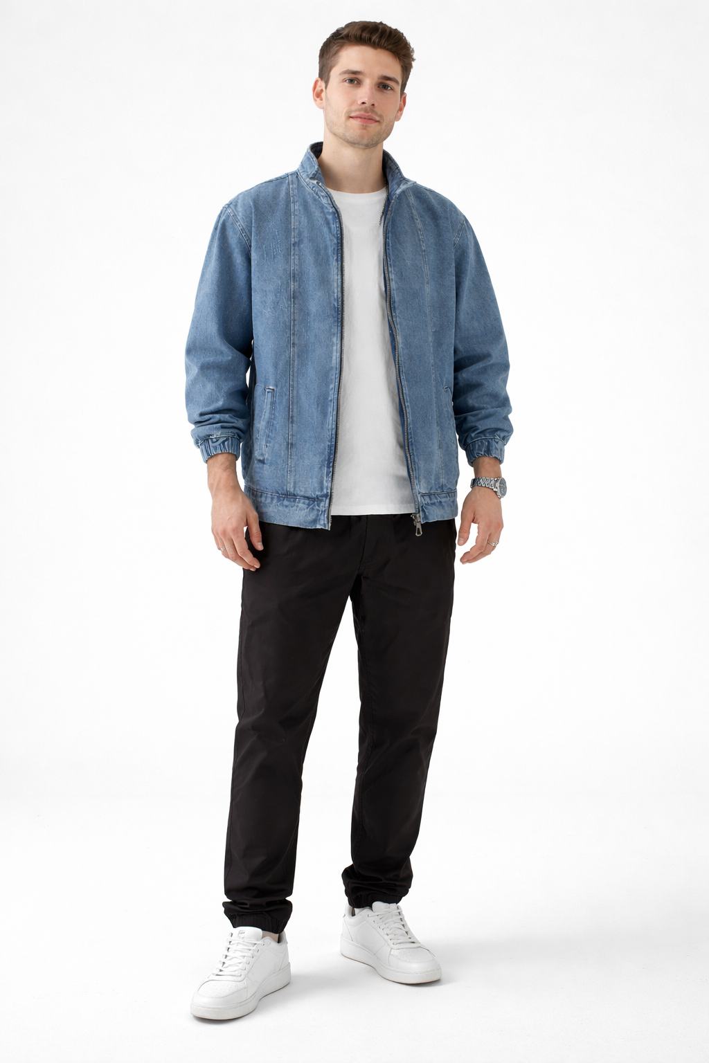 Men’s Zip Front Stand Collar Denim Jacket for Street Wear