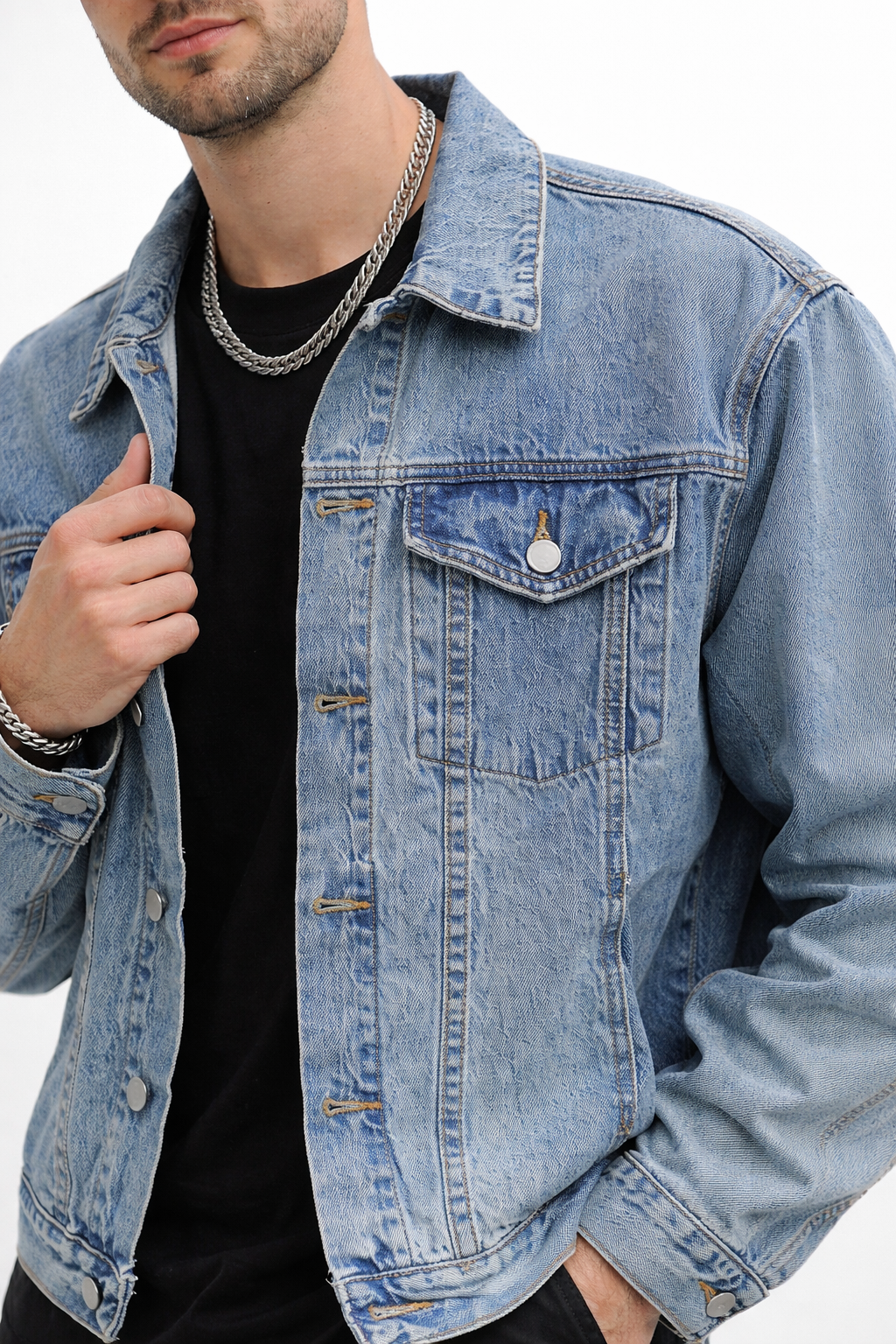 Men’s Button Front Blue Denim Jacket for Street Wear