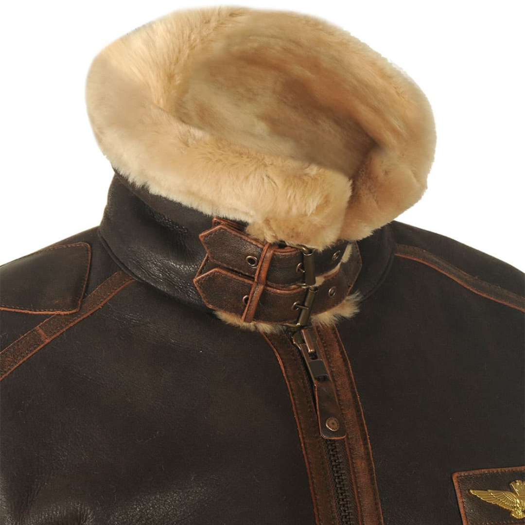Men’s Dark Coated Textile Aviator Jacket with Shearling Style Collar
