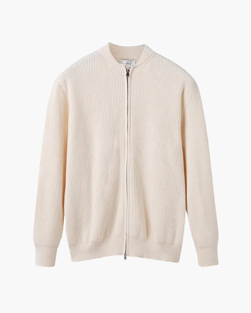 Men’s Ivory Rib Knit Zip Cardigan with Clean Texture Long Sleeves