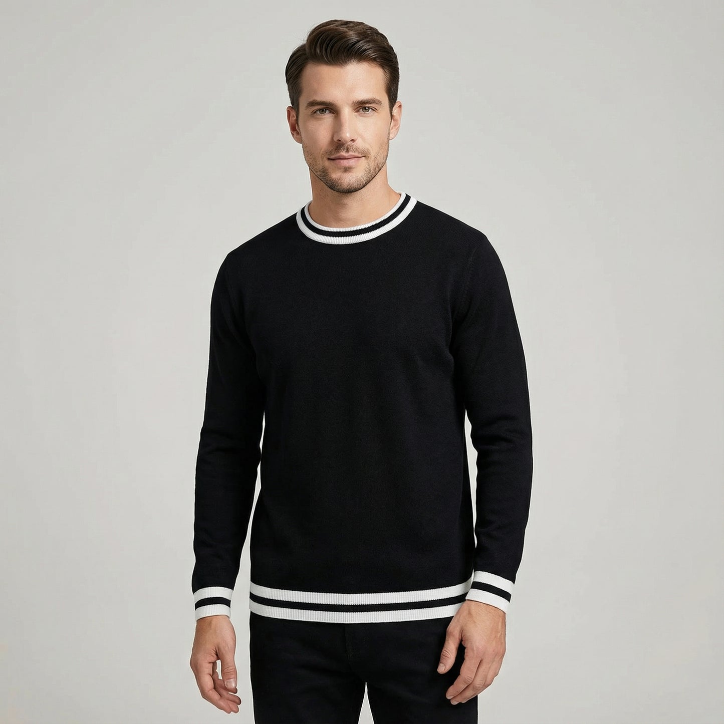 Men’s Black Knitted Long Sleeve Shirt With Contrast Trim