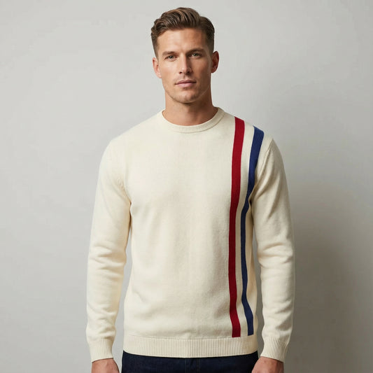 Men’s Cream Knit Crew Neck Sweater With Vertical Red And Navy Stripe