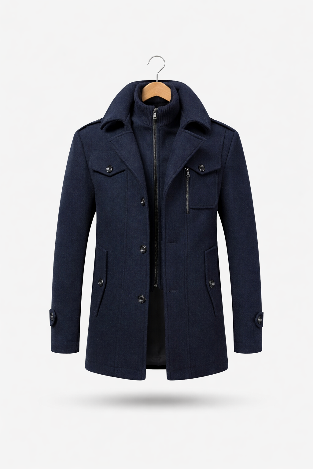 Men’s Wool Zip-Front Stand Collar City Jacket with Layered Inner Panel
