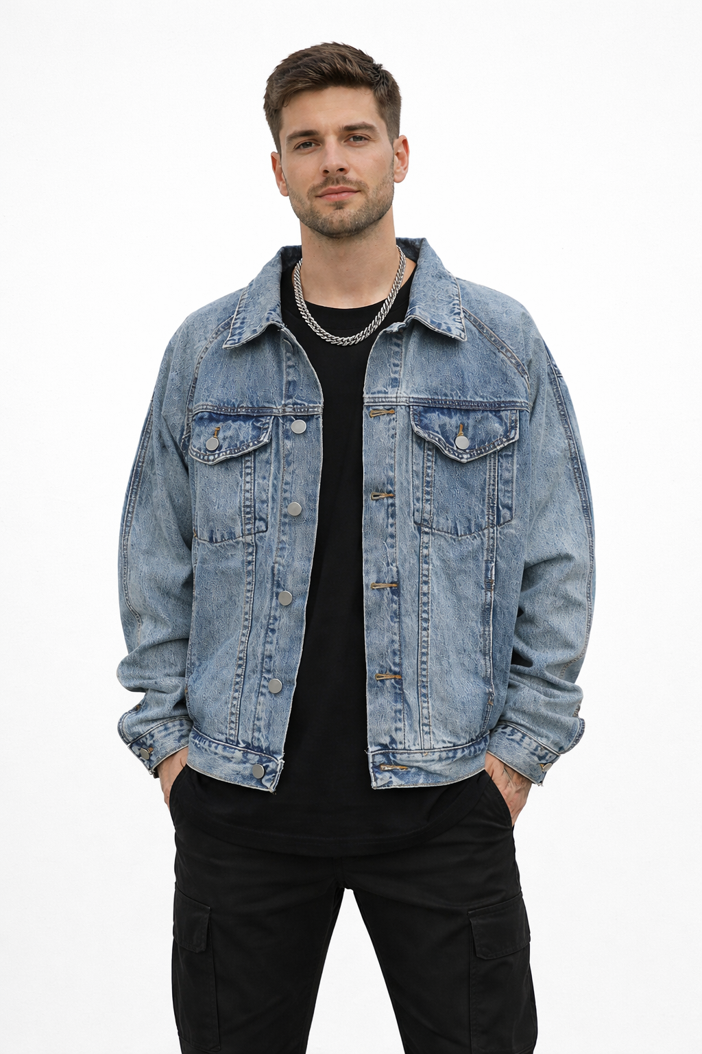 Men’s Button Front Blue Denim Jacket for Street Wear