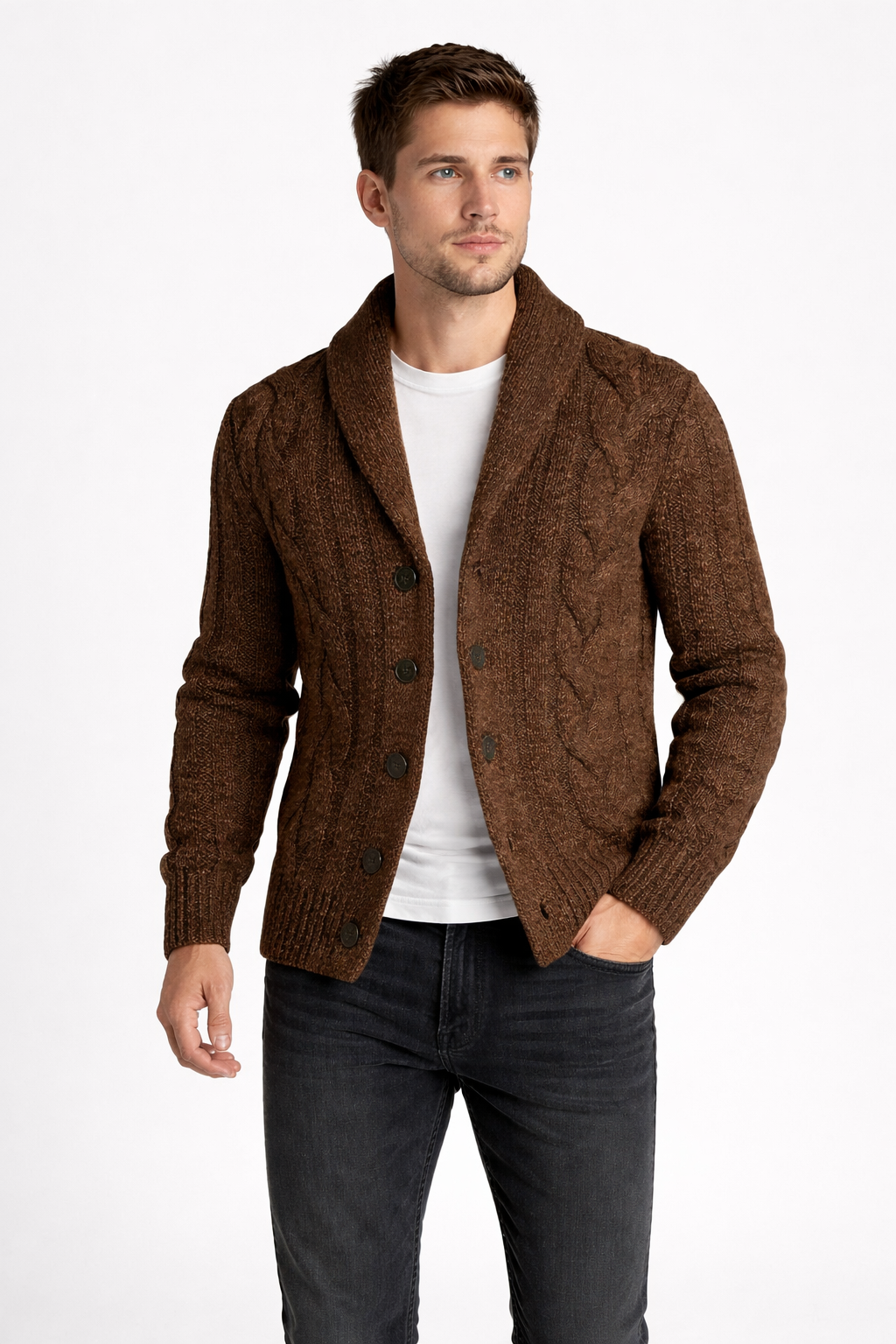 Men’s Shawl Collar Cable Knit Cardigan