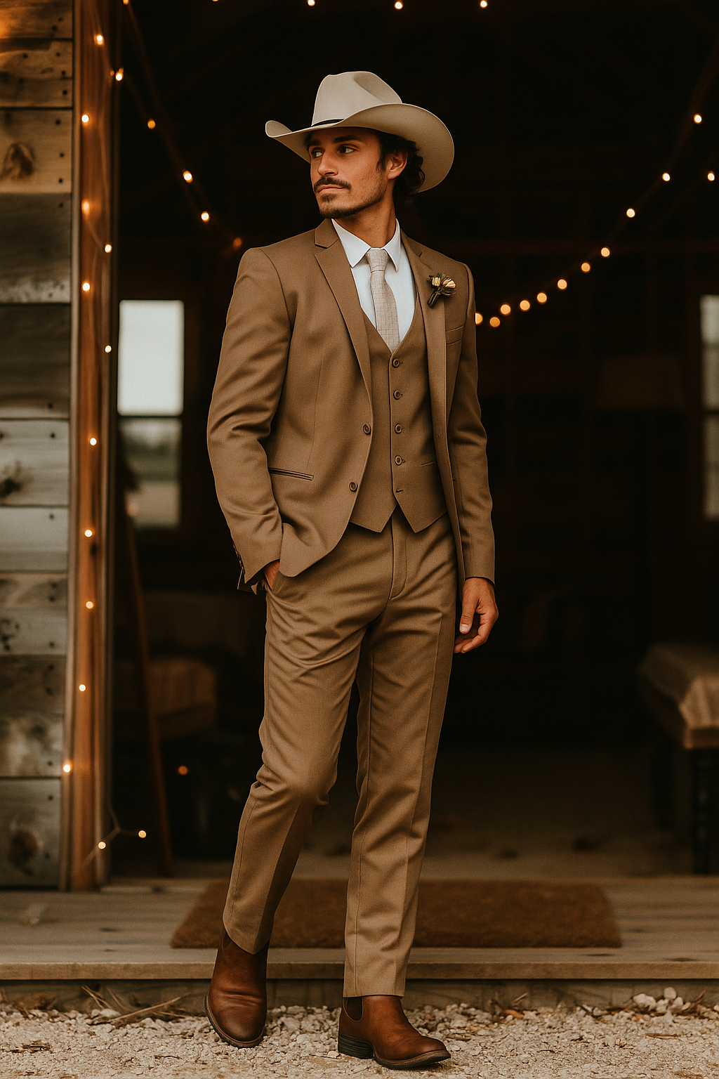 Men’s Tan Three Piece Suit With Jacket Vest And Trousers