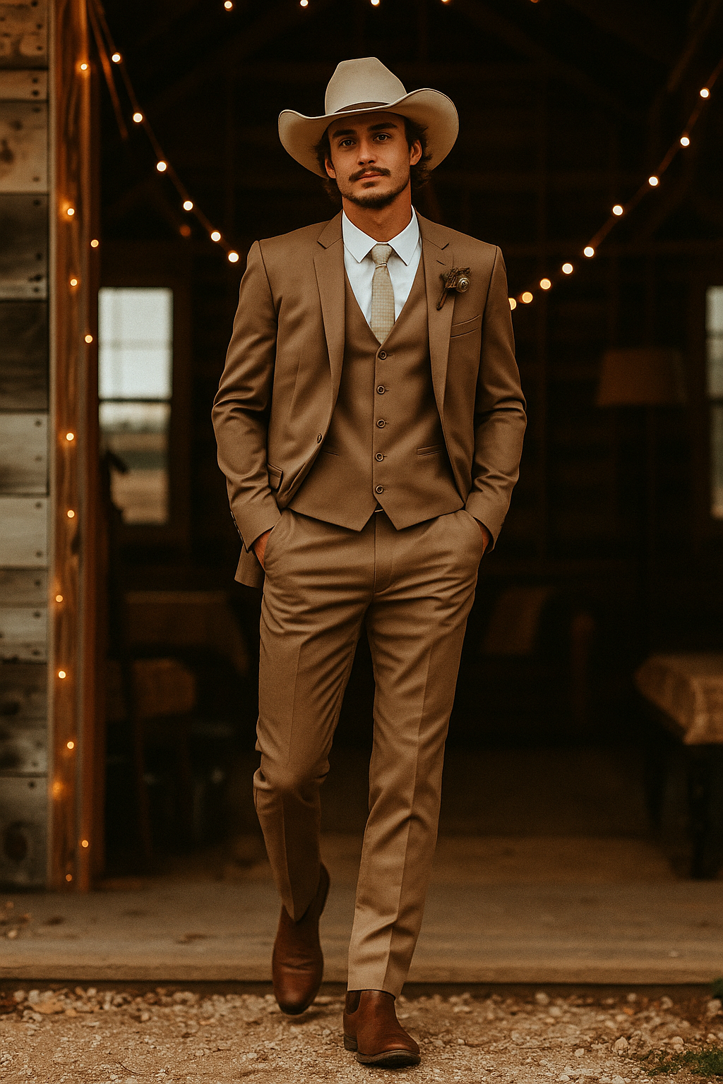 Men’s Tan Three Piece Suit With Jacket Vest And Trousers