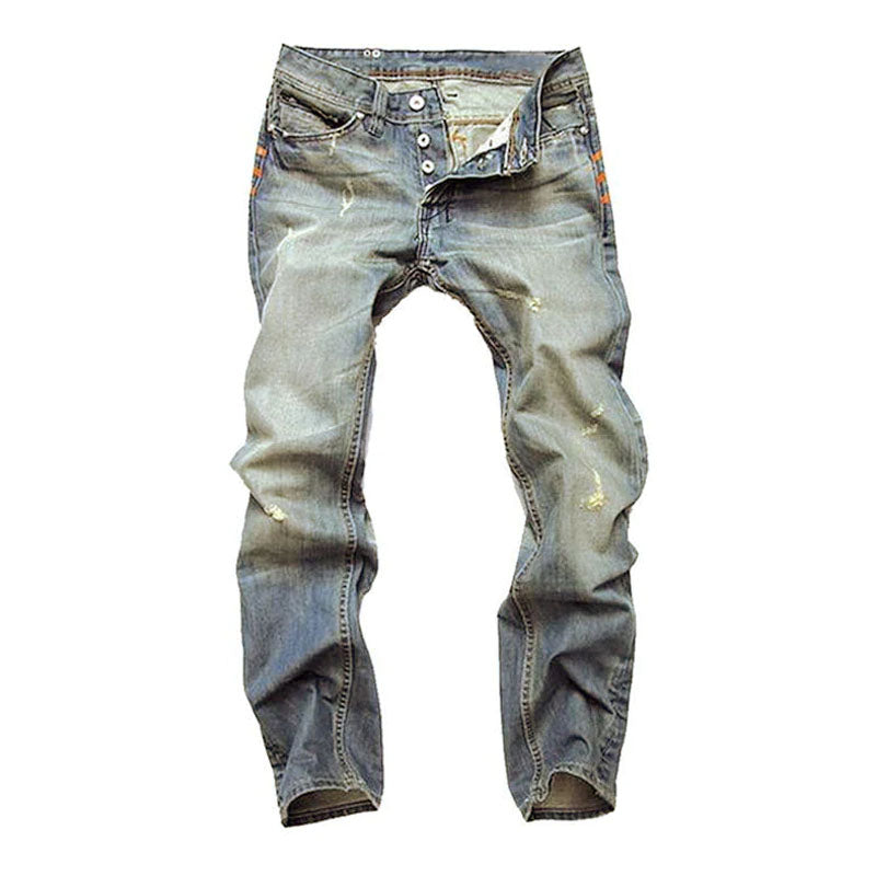 Men’s Distressed Denim Jeans With Straight Fit Button Fly And Worn Texture
