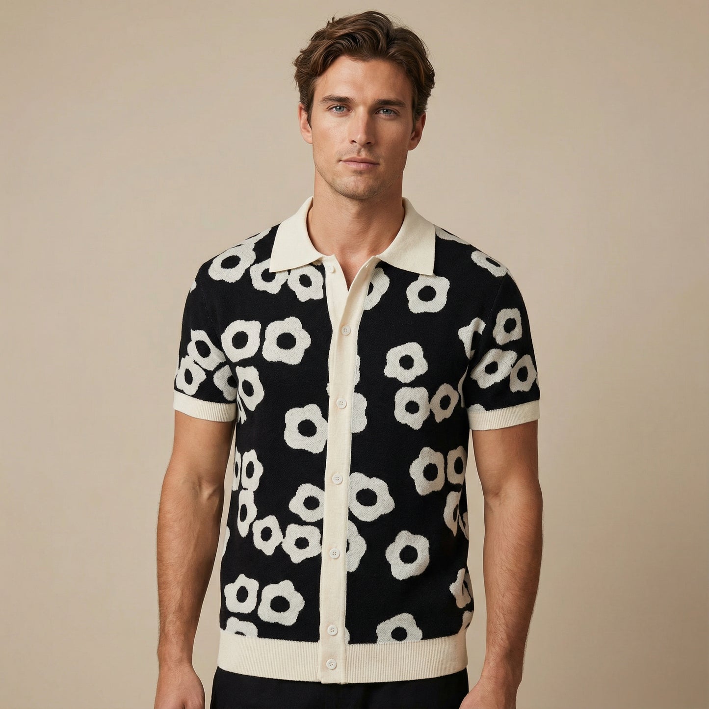 Men’s Black Knit Short Sleeve Polo Shirt With Abstract Floral Pattern