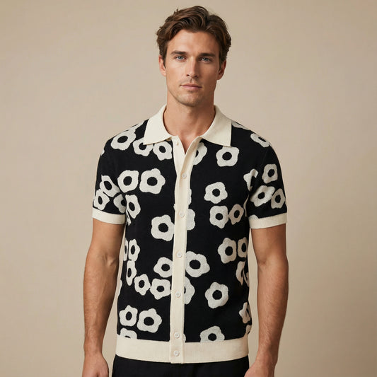 Men’s Black Knit Short Sleeve Polo Shirt With Abstract Floral Pattern
